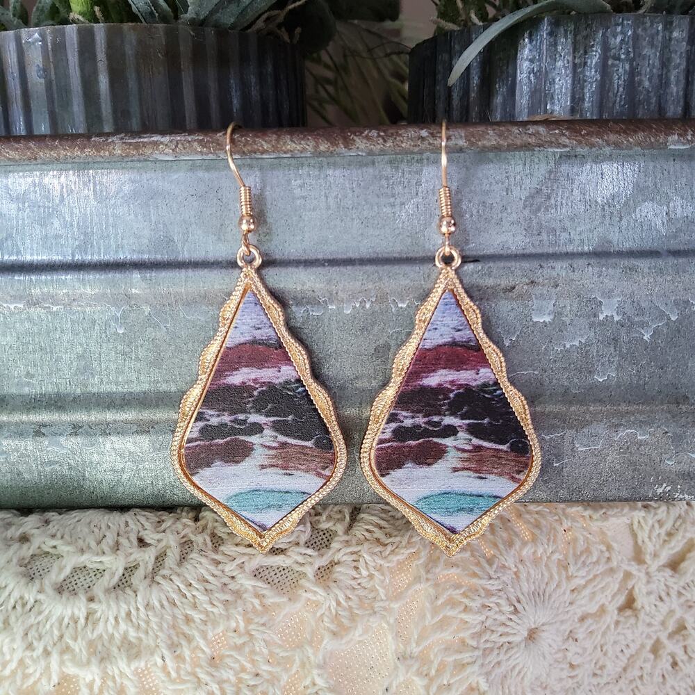 Geometric Teardrop Dangle Gold Tone Multicolor Earrings